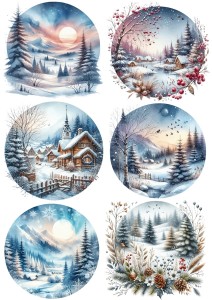 Papier ryżowy A4 do decoupage Artando  - widok zimowy, pejzaż, zima, domki, góry