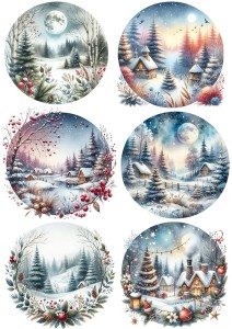 Papier ryżowy A4 do decoupage Artando  - widok zimowy, pejzaż, zima, domki