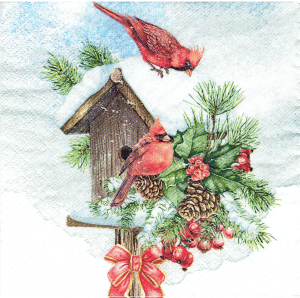 Serwetka decoupage 33x33 cm - ptaki, kardynałki, budka, zima