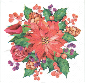 Serwetka decoupage 33x33 cm - kwiaty, gwiazda betlejemska, stroik