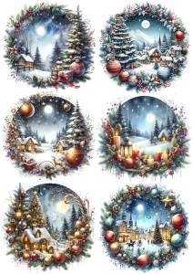 Papier ryżowy A4 do decoupage Artando  - widok zimowy, pejzaż, zima, domki, wianek, bombki, świece