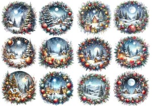 Papier ryżowy A4 do decoupage Artando  - widok zimowy, pejzaż, zima, domki, wianek, bombki, świece 