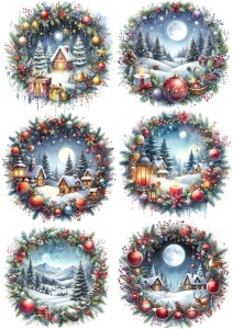 Papier ryżowy A4 do decoupage Artando  - widok zimowy, pejzaż, zima, domki, wianek, bombki, świece 