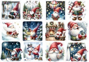 Papier ryżowy A4 do decoupage Artando  - krasnale, skrzaty, gnomy, Mikołaje zima, święta