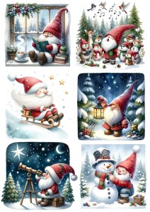 Papier ryżowy A4 do decoupage Artando  - krasnale, skrzaty, gnomy, Mikołaje zima, święta