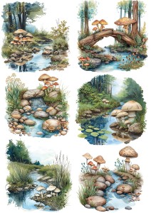 Papier ryżowy A4 do decoupage Artando  - grzyby, grzybki, potok, las