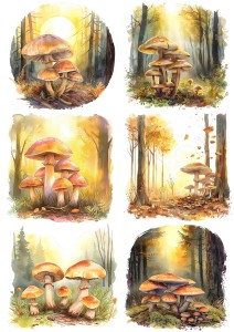 Papier ryżowy A4 do decoupage Artando  - grzyby, grzybki, las, jesień, widok