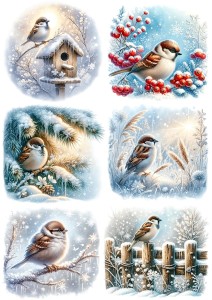 Papier ryżowy A4 do decoupage Artando  - ptaki, ptaszki, wróbelki, zima, mróz 