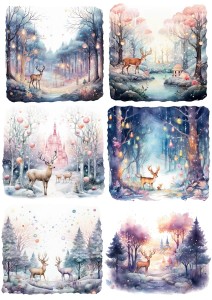 Papier ryżowy A4 do decoupage Artando  - widok zimowy, pejzaż, zima, jelenie, las
