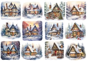 Papier ryżowy A4 do decoupage Artando  - widok zimowy, pejzaż, zima, domy, domki 