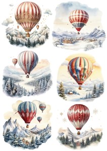 Papier ryżowy A4 do decoupage Artando  - widok zimowy, pejzaż, balony, góry, zima