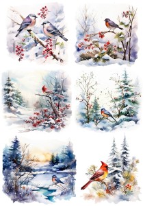Papier ryżowy A4 do decoupage Artando  - widok zimowy, pejzaż, ptaki, ptaszki, las, zima