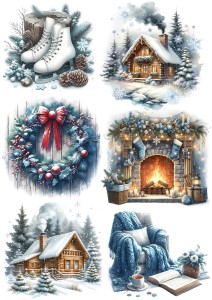Papier ryżowy A4 do decoupage Artando  - widok zimowy, pejzaż, domki, kominek, wianek, zima