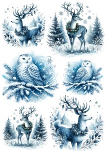 Papier ryżowy A4 do decoupage Artando  - jelenie, renifery, ptaki, sowy, sówki, zima