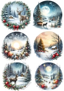 Papier ryżowy A4 do decoupage Artando  - widok zimowy, pejzaż, jelenie, domki, choinki, zima