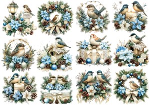 Papier ryżowy A4 do decoupage Artando  - ptaki, ptaszki, stroiki, poinsecja