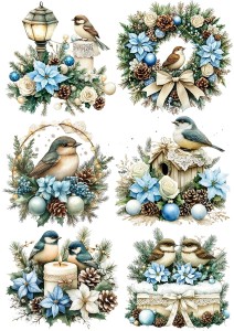 Papier ryżowy A4 do decoupage Artando  - ptaki, ptaszki, stroiki, poinsecja