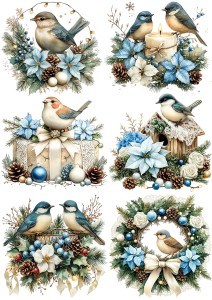 Papier ryżowy A4 do decoupage Artando  - ptaki, ptaszki, stroiki, poinsecja