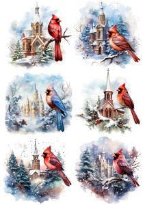 Papier ryżowy A4 do decoupage Artando  - ptaki, ptaszki, Kardynały, widok, kościoły, zima