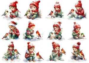 Papier ryżowy A4 do decoupage Artando  - ptaki, ptaszki, dzieci, dziecko, zima