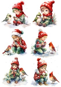 Papier ryżowy A4 do decoupage Artando  - ptaki, ptaszki, dzieci, dziecko, zima