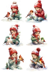 Papier ryżowy A4 do decoupage Artando  - ptaki, ptaszki, dzieci, dziecko, zima