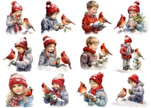 Papier ryżowy A4 do decoupage Artando  - ptaki, ptaszki, Kardynały, dzieci, dziecko, zima