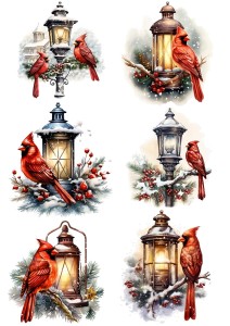 Papier ryżowy A4 do decoupage Artando  - ptaki, ptaszki, Kardynały, lampa, lampion, zima
