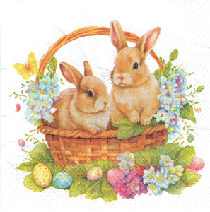 Serwetka decoupage 33x33 cm - Wielkanoc, zające, zajączki, koszyk, pisanki, kwiaty