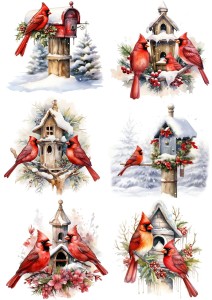 Papier ryżowy A4 do decoupage Artando  - ptaki, ptaszki, Kardynały, budki zima