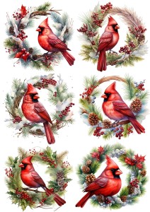 Papier ryżowy A4 do decoupage Artando  - ptaki, ptaszki, Kardynały, wianki, zima