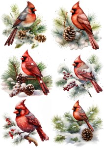 Papier ryżowy A4 do decoupage Artando  - ptaki, ptaszki, Kardynały, zima
