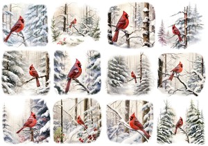Papier ryżowy A4 do decoupage Artando  - ptaki, ptaszki, Kardynały, las, drzewa, zima