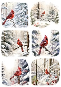 Papier ryżowy A4 do decoupage Artando  - ptaki, ptaszki, Kardynały, las, drzewa, zima