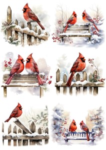Papier ryżowy A4 do decoupage Artando  - ptaki, ptaszki, Kardynały, płotek, zima