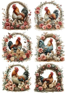 Papier ryżowy A4 Artando do decoupage - Wielkanoc, kury, koguty, kurczaki, gniazda, kwiaty, róże 