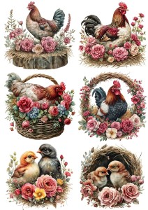 Papier ryżowy A4 Artando do decoupage - Wielkanoc, kury,  kurczaki, gniazda, kwiaty, róże