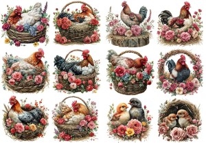 Papier ryżowy A4 Artando do decoupage - Wielkanoc, kury,  kurczaki, gniazda, kwiaty, róże