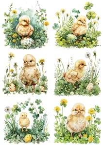 Papier ryżowy A4 Artando do decoupage - Wielkanoc, kurczaki, pisanki,  trawa, koniczyna
