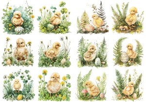 Papier ryżowy A4 Artando do decoupage - Wielkanoc, kurczaki, pisanki,  trawa, paprocie, koniczyna