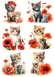 Papier ryżowy A4 Artando do decoupage - koty, kotki, kwiaty, maki