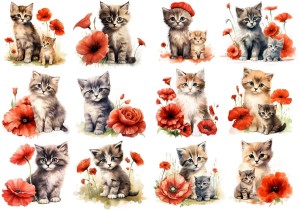 Papier ryżowy A4 Artando do decoupage - koty, kotki, kwiaty, maki 