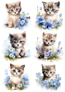 Papier ryżowy A4 Artando do decoupage - koty, kotki,  kwiaty, niezapominajki