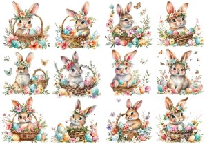 Papier klasyczny A4 do decoupage - Wielkanoc , zające, pisanki, koszyki, kwiaty
