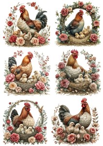 Papier klasyczny A4 do decoupage - Wielkanoc , kury, koguty, kurczaki, gniazda, kwiaty