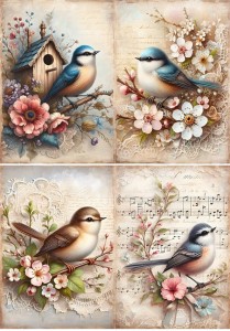 Papier ryżowy A4 do decoupage Artando  - ptaki, kwiaty, koronka, nuty, budka