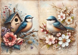 Papier ryżowy A4 do decoupage Artando  - ptaki, kwiaty, koronka, nuty, budka 