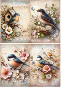 Papier ryżowy A4 do decoupage Artando  - ptaki, kwiaty, koronka, budka, napisy