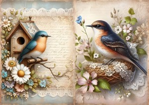 Papier ryżowy A4 do decoupage Artando  - ptaki, kwiaty, koronka, budka, napisy