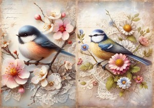 Papier ryżowy A4 do decoupage Artando  - ptaki, kwiaty, koronka, napisy 